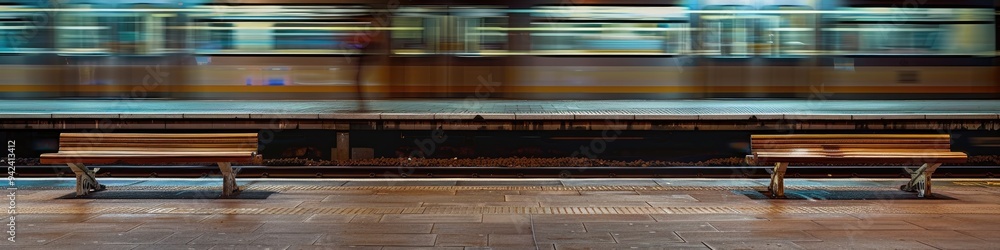 Poster long exposure shot of a train in motion at an empty railway platform with benches in the foreground.