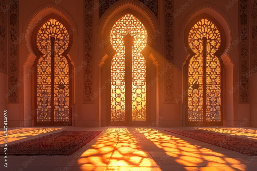 Poster islamic architecture with vibrant colors from stained glass, suitable for use in cultural or faith-b