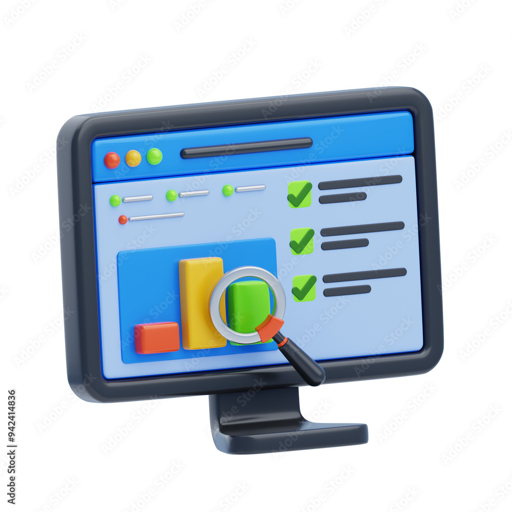 Poster 3d web survey analyzes data. 3d icon