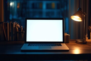 Office at night, dark work space, blank screen laptop mock up on wooden desk with light from table lamp with generative ai