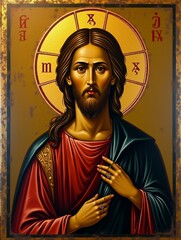 Obraz premium A painting of Jesus Christ with a gold halo and a blue robe