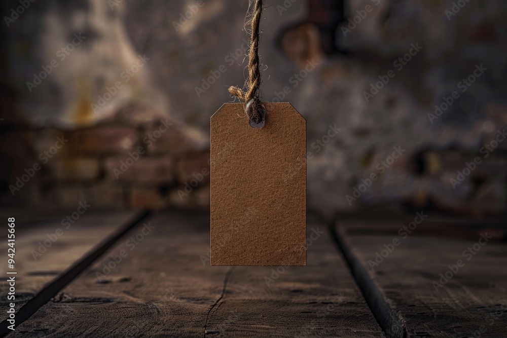 Poster A tag hanging from a string on a wooden table, ideal for use as a decoration or prop in various settings
