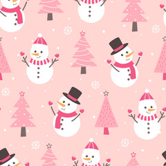 Cartoon pink Christmas pattern with snowman, christmas tree on a pink background.Pink Winter forest landscape for print.