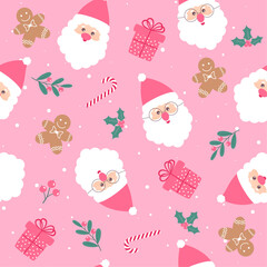 Seamless y2k pink christmas pattern.Santa claus and gingerbread on pink background for holiday designs. Vector illustration for print. New Year and Christmas celebration.