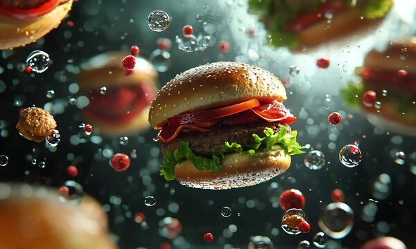 microscopic burgers floating arround in the body - 4K Video Stock