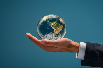 Conceptual Representation of Global Stewardship with a Transparent Globe in a Man's Hand Against a Blue Background