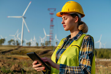 Obraz premium Female Engineer Checking Data on Smartphone in Wind Farm with Wind Turbines and Transmission Towers in Background, Promoting Sustainable Energy