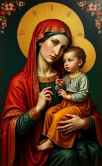 Fototapeta premium A painting of a woman holding a baby with a gold frame