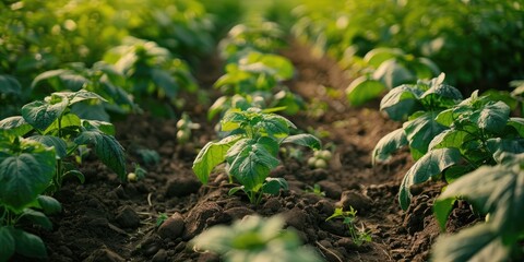 Obraz premium Rows of potatoes flourishing in a well organized vegetable plot at an allotment