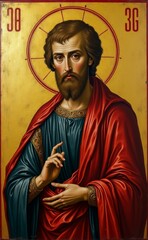 Naklejka premium A man with a beard and red robe is holding his hands together