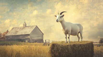 White Goat Standing on Hay Bale in Front of Old Barn