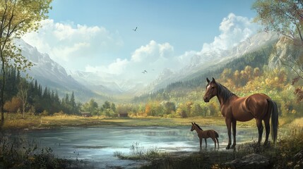 Horses by Mountain Lake in Autumn Landscape