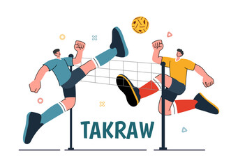 Sepak Takraw Vector Illustration with Athlete Kicking the Ball on a Court During a Sports Competition in Flat Style Cartoon Background