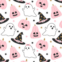 Cartoon pink halloween pattern in white background. Pink Halloween ghost pumpkin hat and star vector in flat style. Vector illustration.