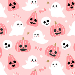 Seamless cartoon halloween pattern in pink background. Pink Halloween ghost pumpkin and skull vector in flat style. Vector illustration.