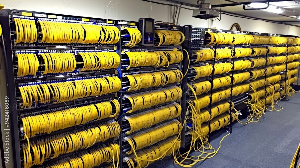 Poster yellow cables connected to a server rack in a data center