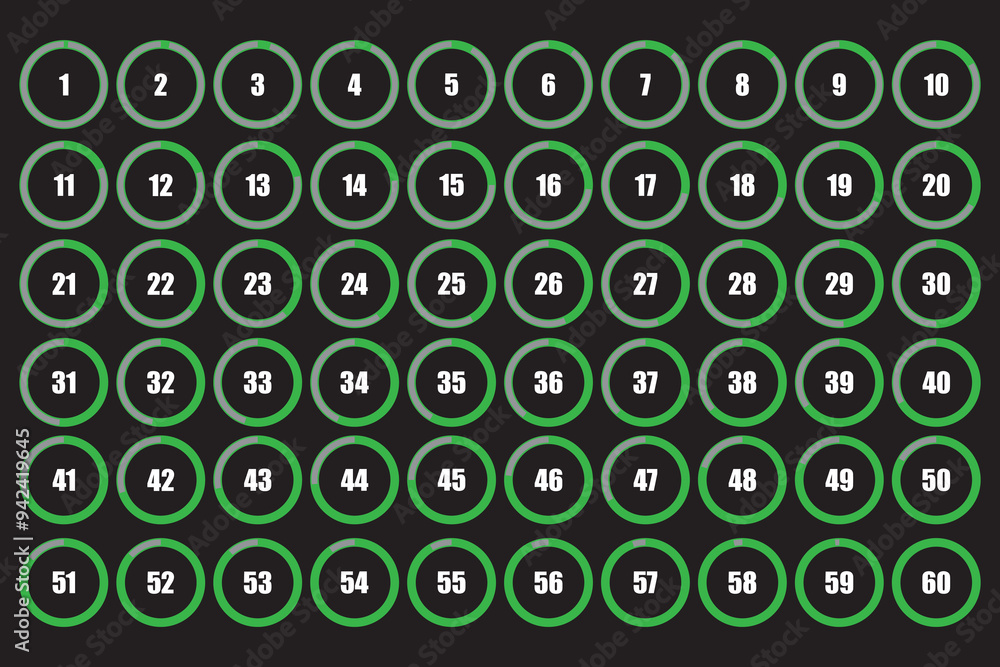 Poster countdown number icons. circular progress indicators. green and black color scheme. vector infograph