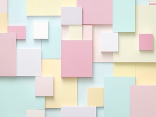 A minimalistic design with pastel squares and rectangles arranged in a grid, creating a balanced and harmonious pattern