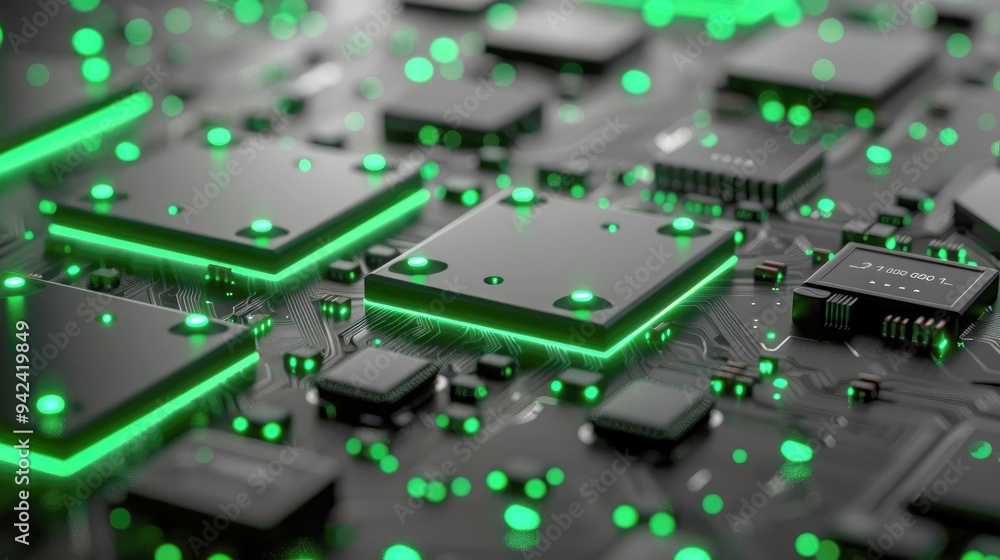 Poster a close-up view of a circuit board with green leds