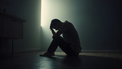 Man sitting on the floor with head down in a dark room, expressing deep sadness and depression, isolated and emotional, mental health issues concept.
