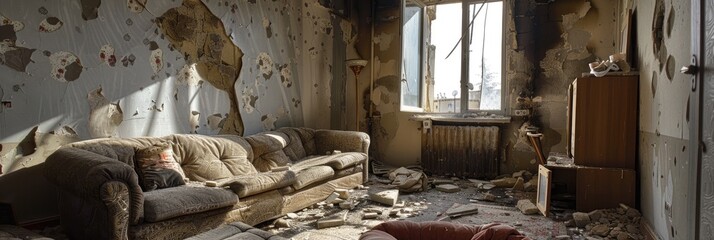 Living room interior damaged by a rocket strike