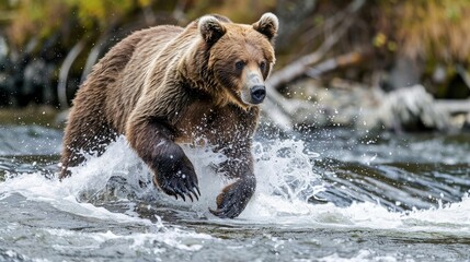 Brown Bear Wading Through a River, Splashing Water