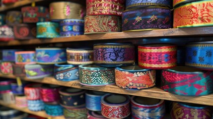 Fototapeta premium Multicolored homemade silk ribbons neatly displayed in fabric and needlework stores