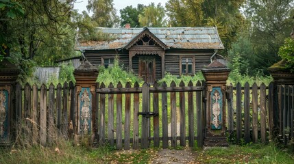 Old Russian country house s wooden gates closed in summer