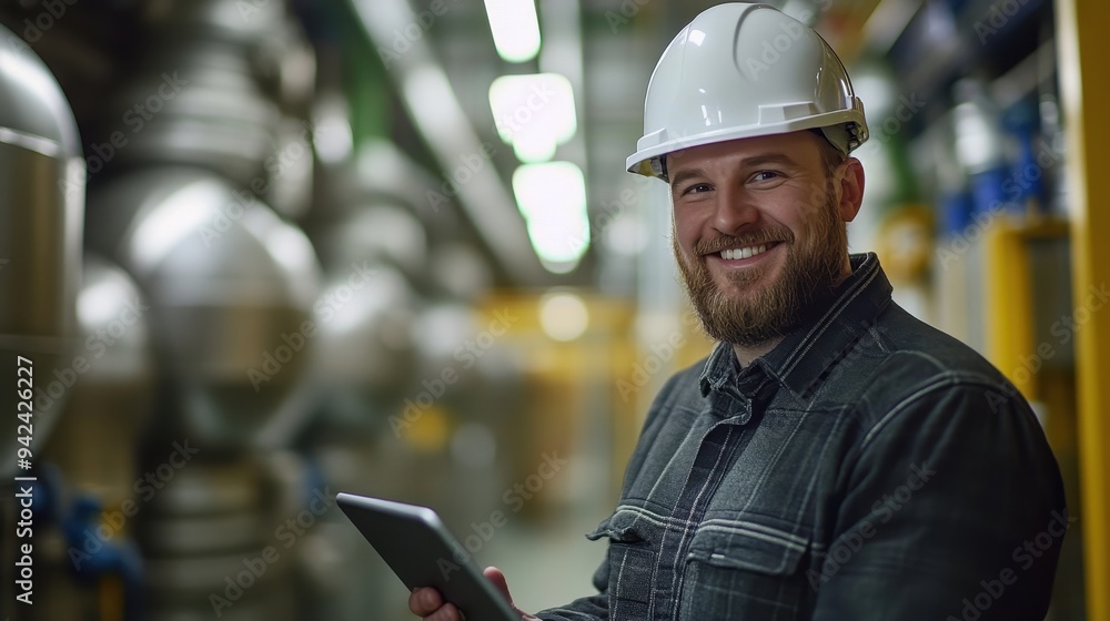 Poster industrial worker using tablet in factory setting