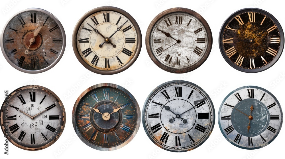 Poster a collection of different clocks on a white background