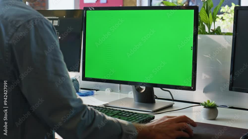 Aufkleber office guy using chromakey computer closeup. worker hand holding mouse device