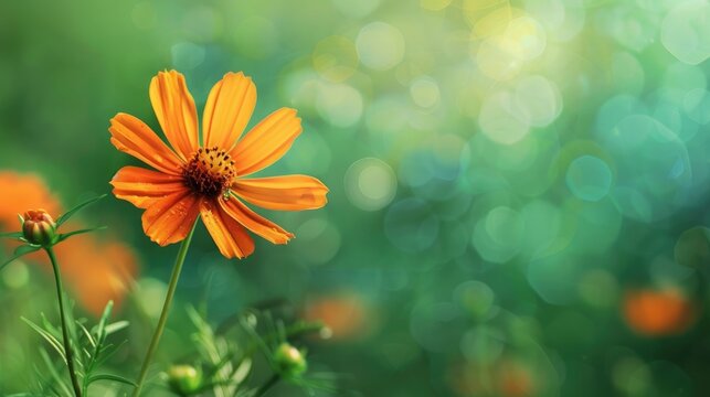 Orange flower in garden on green background