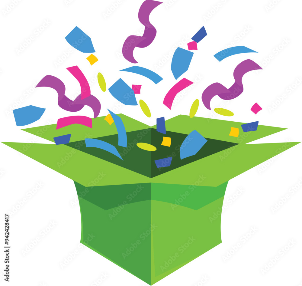 Poster green cardboard box exploding with colorful confetti on white background