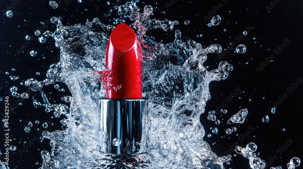 Poster a bold red lipstick splashes into water, creating dynamic droplets that form an eye-catching backdro