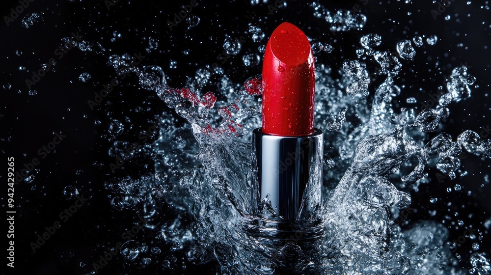 Poster a bold red lipstick splashes into water, creating dynamic droplets that form an eye-catching backdro