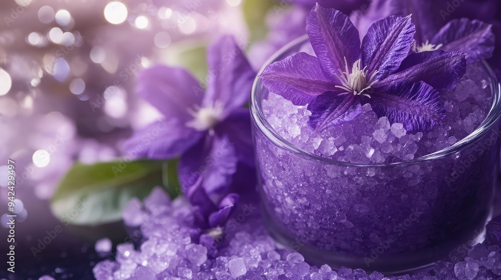 Wall mural A calming image of purple clematis spa salt in a glass container, with selective focus on the salt crystals