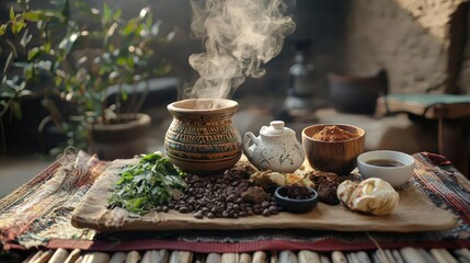 Fototapeta premium Authentic Ethiopian Coffee Ceremony in Traditional Setting with Cultural Elements, Emanating Warmth and Inviting Hospitality, Generative Ai