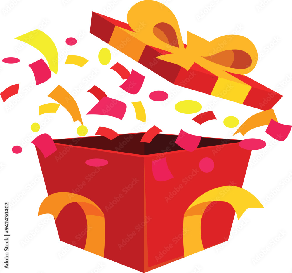 Poster red open gift box exploding with colorful confetti