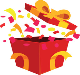 Red open gift box exploding with colorful confetti
