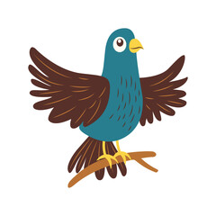 Cute Eagle Hawk Falcon Bird Animal Cartoon Character Flapping Wings on Tree Branch