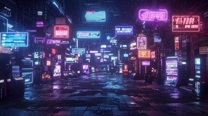 Neon Signs in Wet Cyberpunk City Street at Night