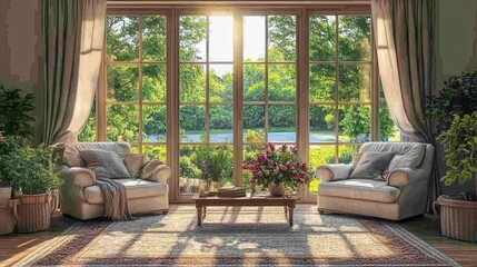 Fototapeta premium Sunny Living Room with Garden View and Comfortable Armchairs