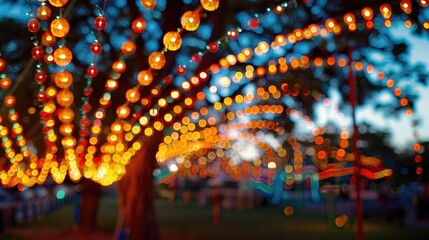 Ornamental lights at festival creating abstract bokeh