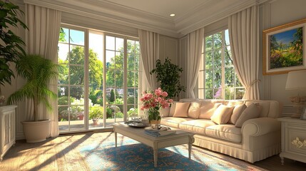 Elegant Living Room Interior Design with White Sofa  Curtains and Floral Arrangement