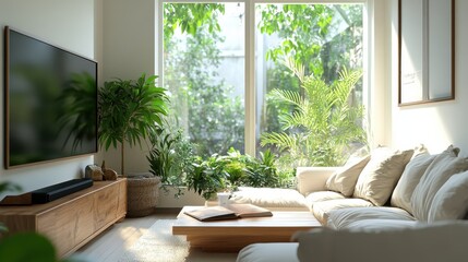 Modern Living Room Interior Design with Large Window  Couch  and Plants