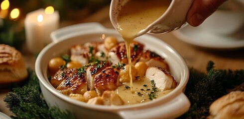 A close-up shot of a hand pouring gravy into a white dish with chicken, bread, and sprigs scattered on it from above. 