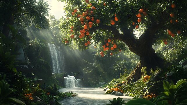 Lush Tropical Forest with Waterfall and Orange Tree
