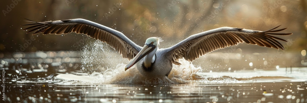 Canvas Prints Pelican elegantly descends onto the water with a slow pan movement.