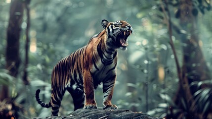 A Roaring Tiger in a Lush Jungle Setting