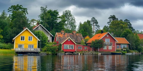 Obraz premium Row of colorful wooden vacation home reflected in a pond at recreation park in the middle of nature in the Netherlands